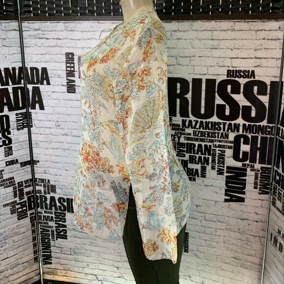 Cabi Blue Floral Silk Sheer Tie Beaded Neck Top - Picture 4 of 6